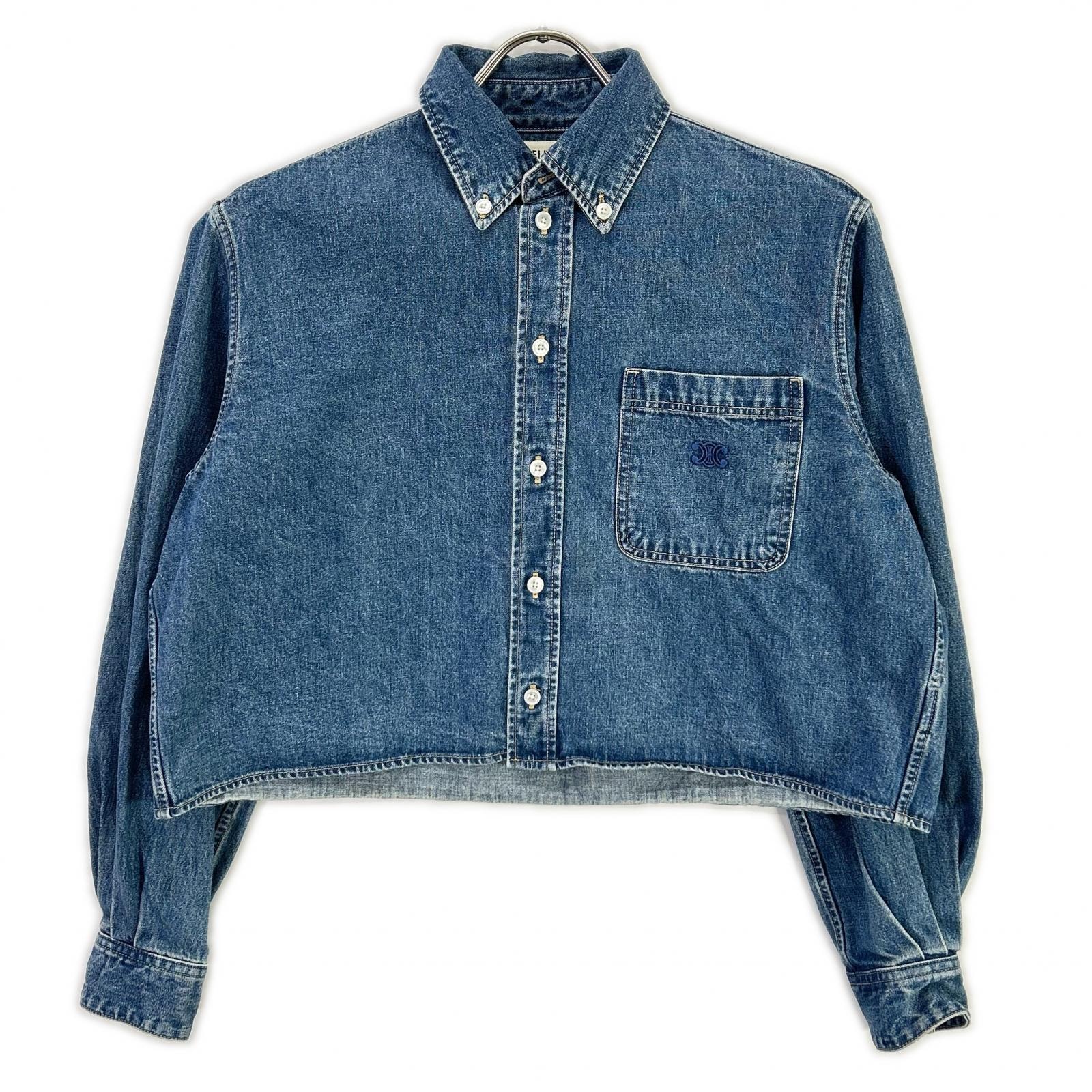 セリーヌ 2T187459N ブルー コットン100 ユニオンオーシャンウォッシュ デニムクロップドシャツ XS