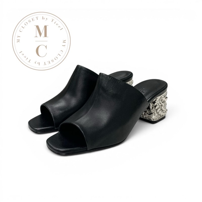 エルメス HERMES グロッシー60 サンダル 靴 シューズ レザー メタルヒール ブラック シルバー シェーヌダンクル メタルヒール ミュール 未使用