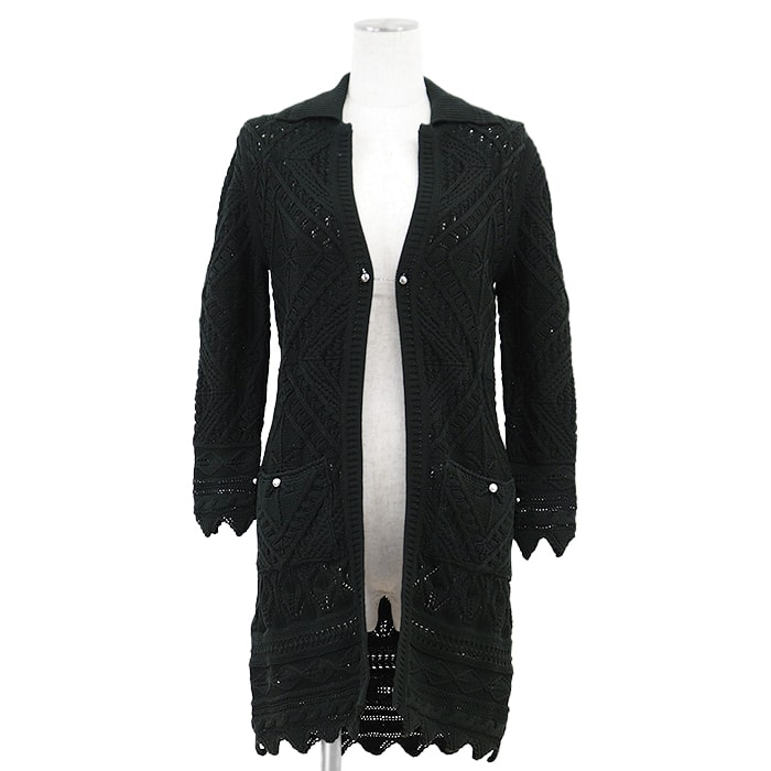 【美品】CHANEL シャネル ロングニットカーディガン 04S P23307 ジオメトリックパターン スカラップヘム フロントチェーン COCOマーク フェイクパールボタン コットン100% 長袖 トップス レディース 38 ダークグリーン 伊製