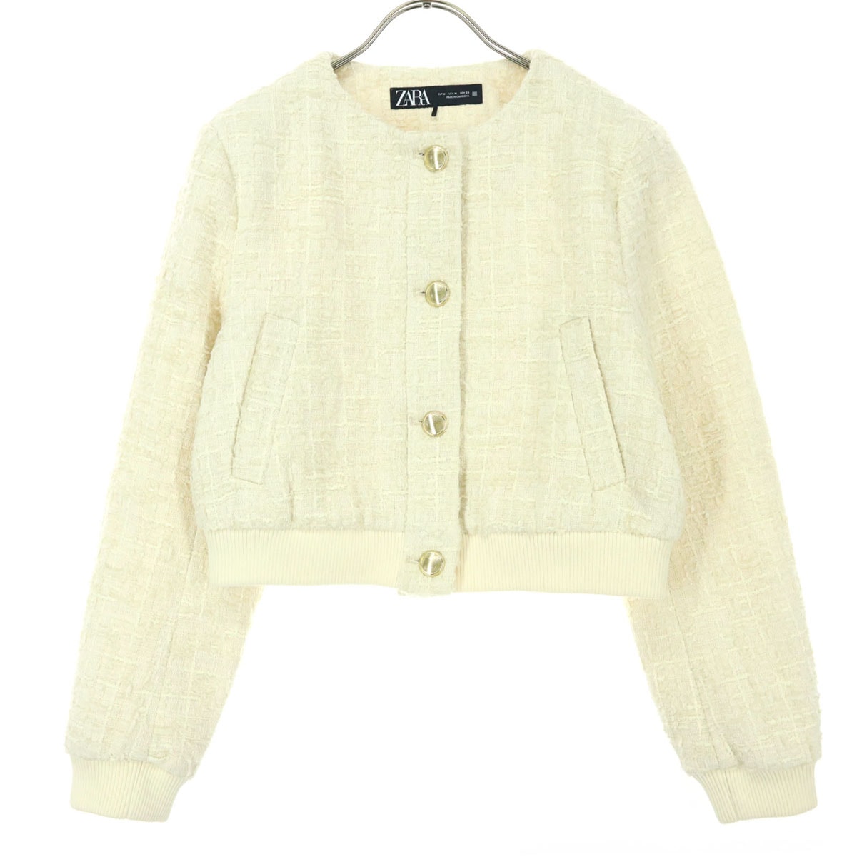 美品 ZARA ザラ 裾袖リブ 丈短 金ボタン ツイードジャケット M ホワイト
