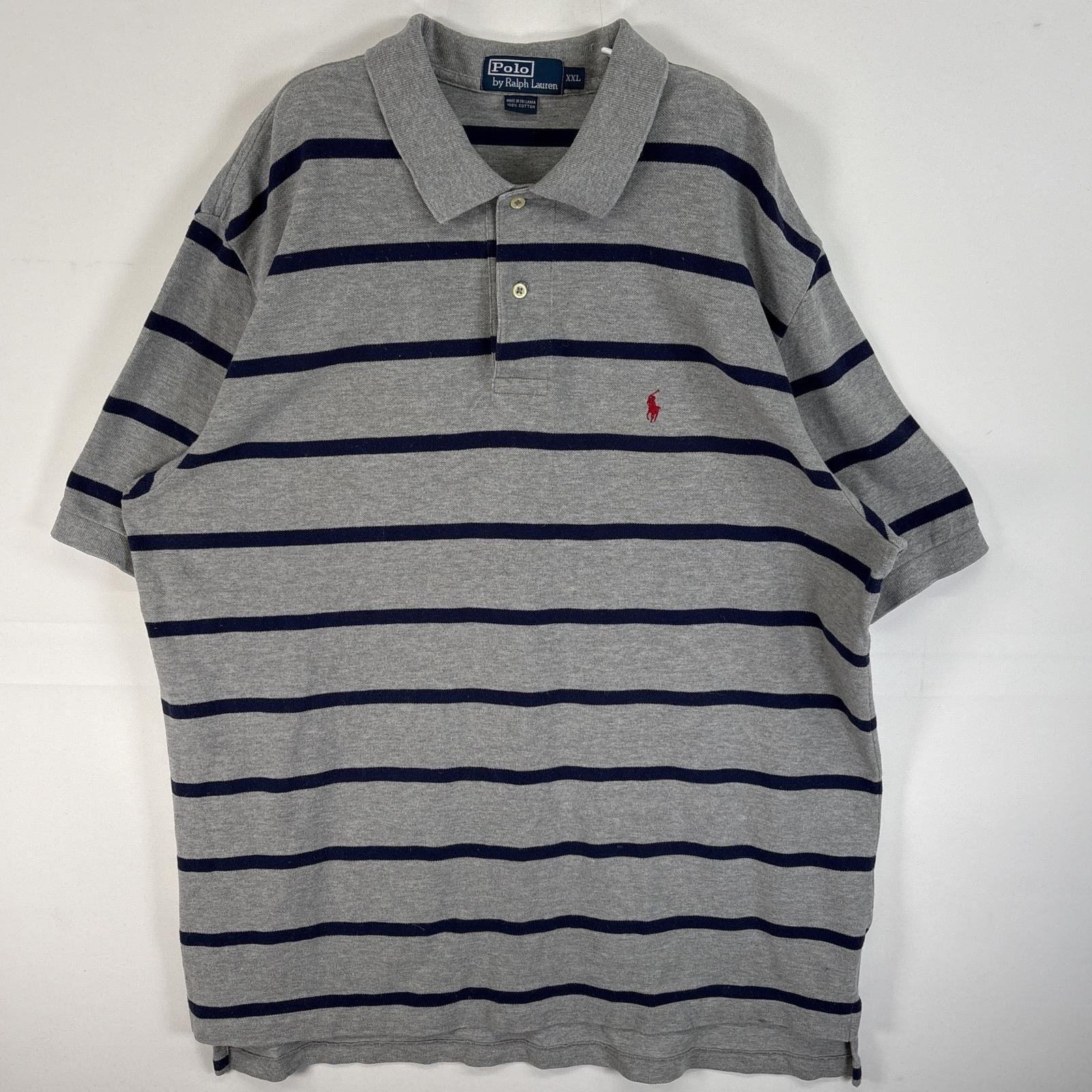 古着 90's/90年代 ポロバイラルフローレン Polo by Ralph Lauren 半袖 ポロシャツ ロゴ 刺繍 大きいサイズ 14041  グレー系 ボーダー メンズ