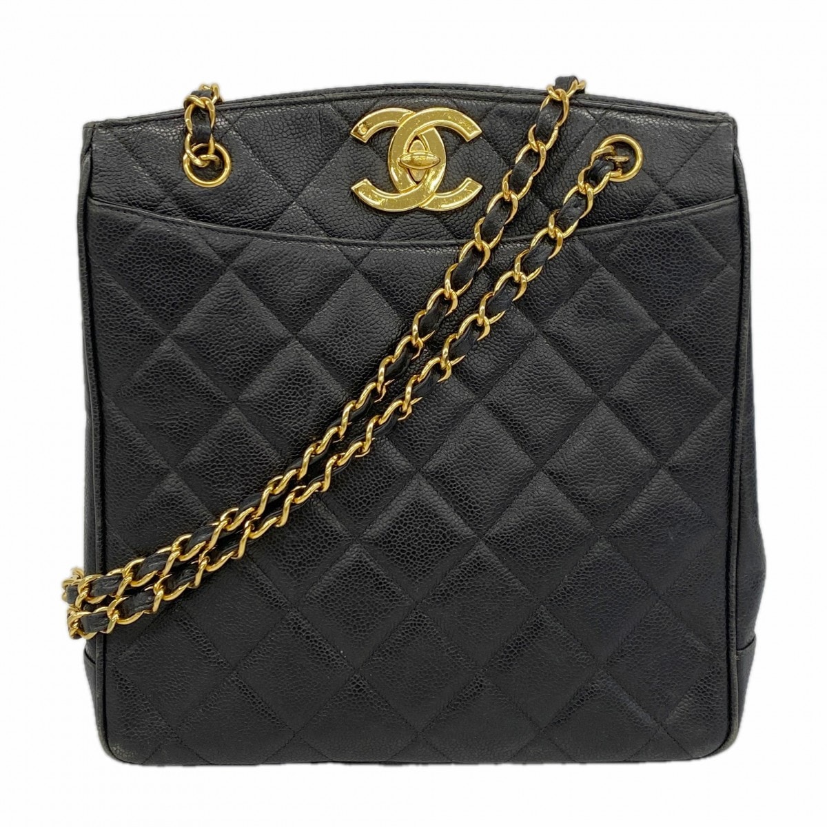 【6db1638-k】シャネル チェーントート マトラッセ キャビアスキン ブラック ゴールド金具【中古】レディース