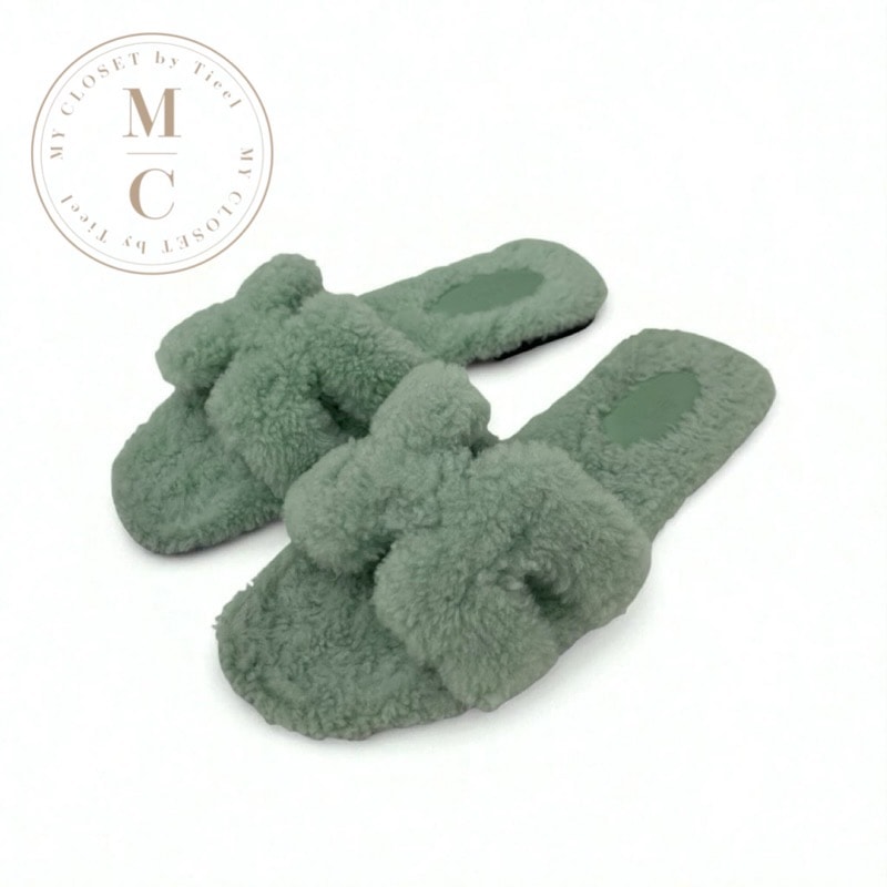 エルメス HERMES オラン サンダル 靴 シューズ ムートン グリーン フラットサンダル ミュール ボア