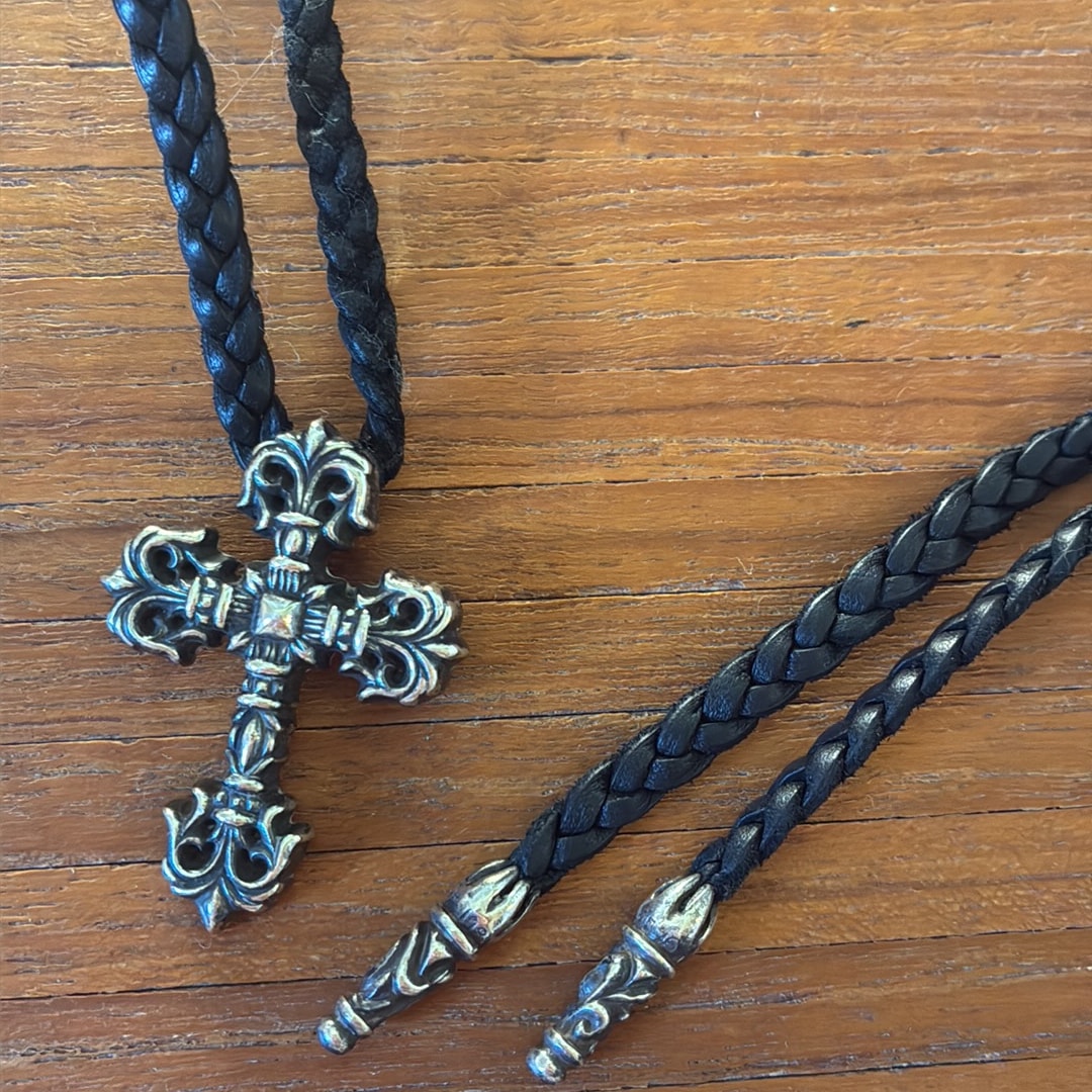 Chrome Hearts Philigrey Cross XS Leather Blade Necklace "Silver/Black"