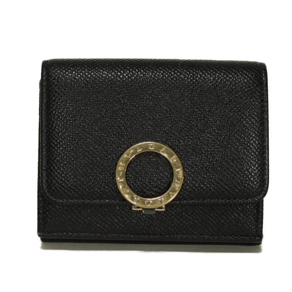 BVLGARI ブルガリ BBロゴ クリップ コンパクト ウォレット 札入れ カードケース コインケース RFID ICチップ グレイン カーフ ゴールド ロゴ リング ブラック 三つ折り財布 288648