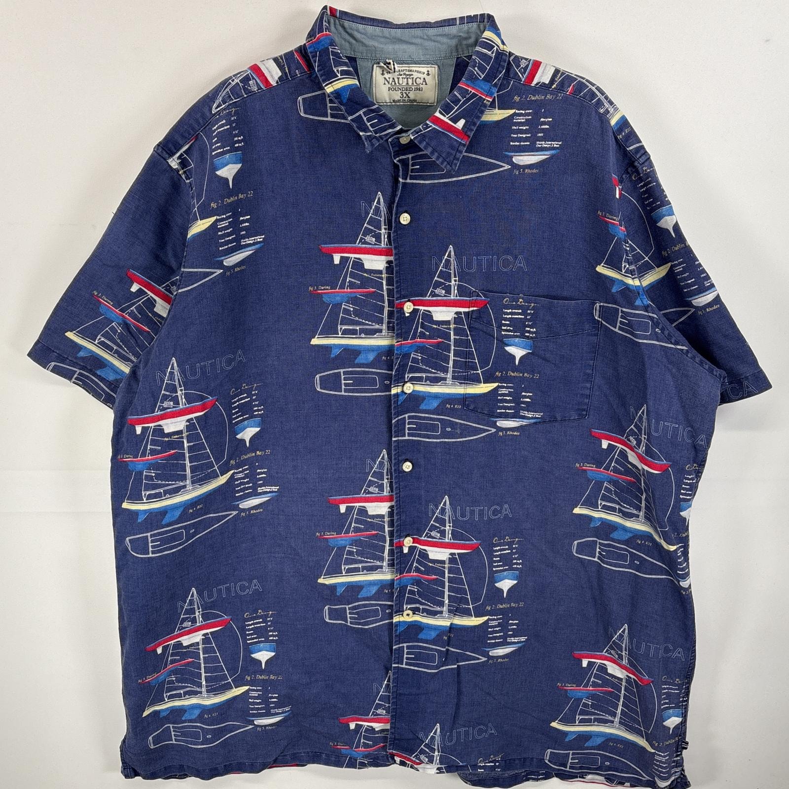 古着 ノーティカ NAUTICA 半袖シャツ リネンシャツ ヨット ボタンシャツ 3X ブルー系 総柄 メンズ
