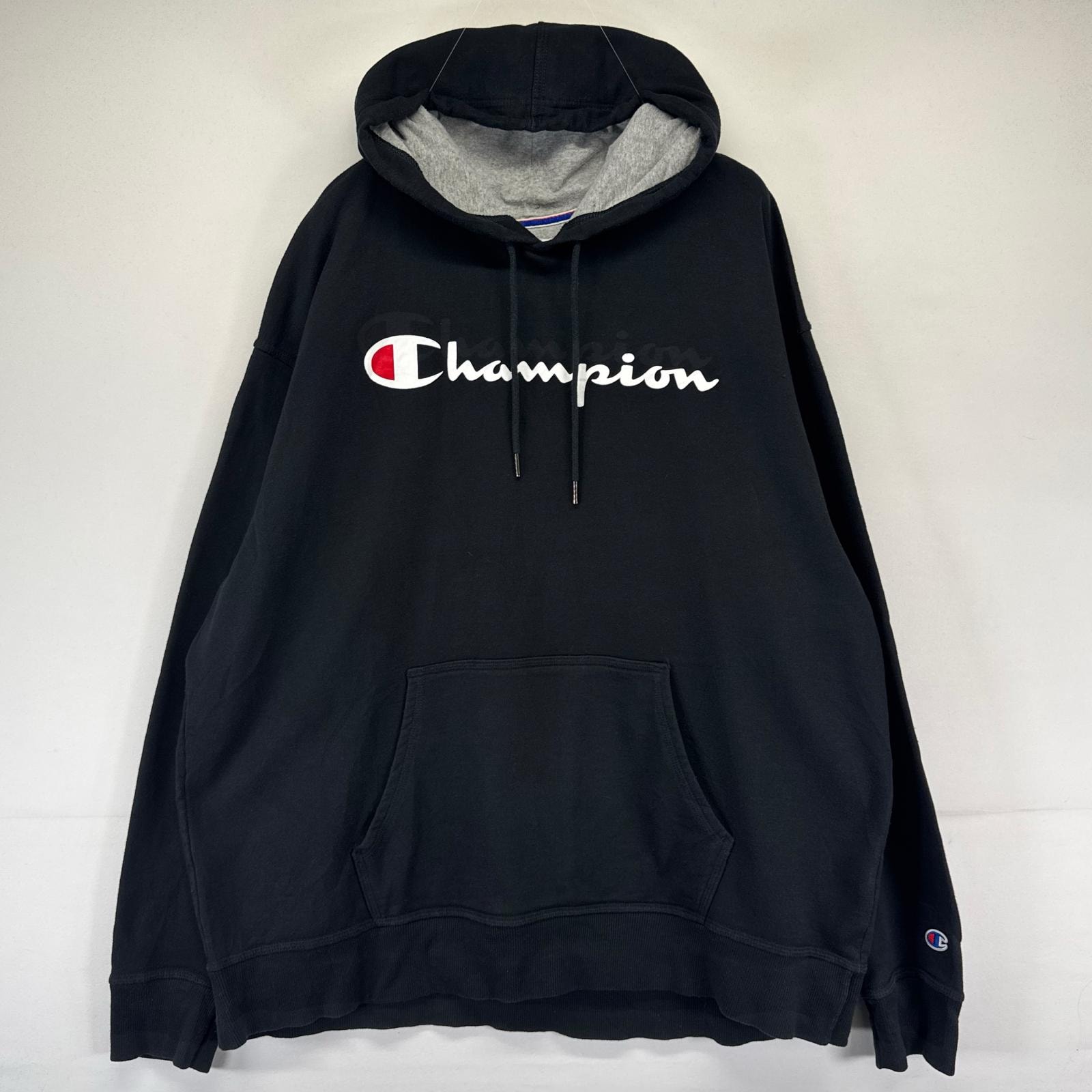 古着 チャンピオン Champion パーカー プルオーバー スウェット プリントロゴ 大きいサイズ 2XL  ブラック系 メンズ