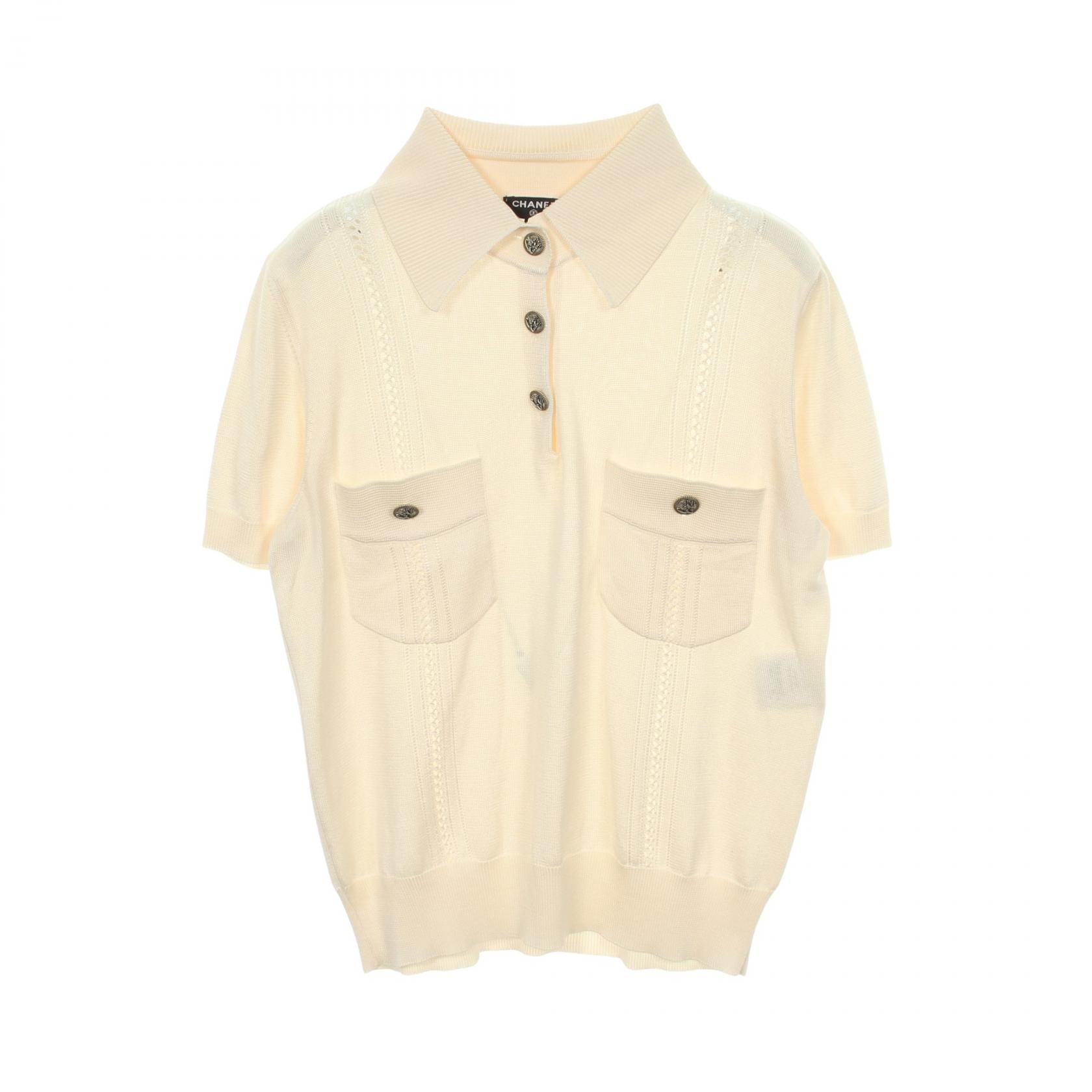シャネル CHANEL COCO CUBA ロゴボタン ニット ポロシャツ 衣料品 トップス シルク レディース アイボリー系 P55702K07302 【中古】