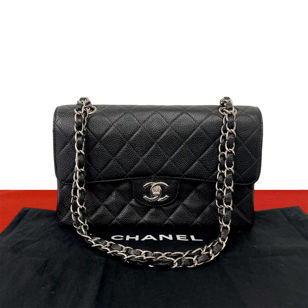 CHANEL シャネル マトラッセ ココマーク ダブルフラップ キャビアスキン ショルダーバッグ ブラック
 219-9