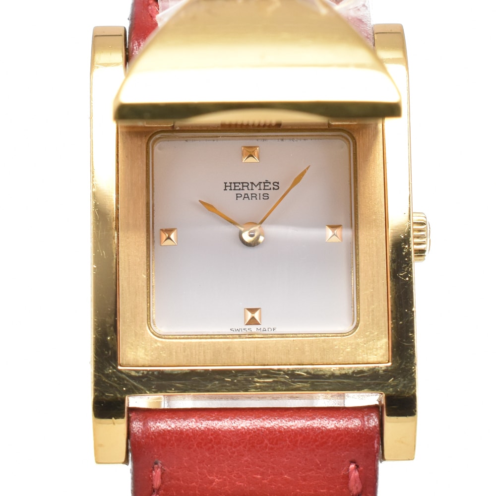 値下 エルメス HERMES メドール GP/レザー クォーツ レディース 良品 P#146174