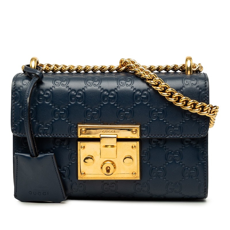 グッチ グッチシマ パドロック スモール チェーン ショルダーバッグ 409487 ネイビー レザー レディース GUCCI 【中古】