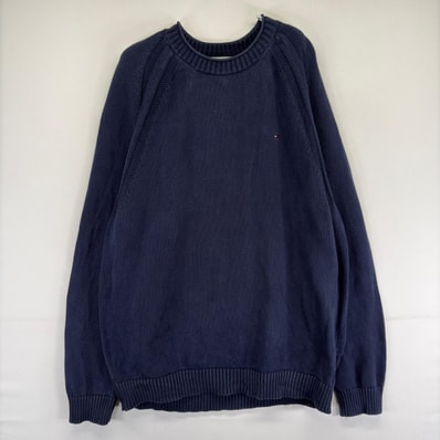 古着 トミーヒルフィガー TOMMY HILFIGER ニット ワンポイントロゴ クルーネック 大きいサイズ ロゴ 刺繍 2XL ネイビー系 メンズ