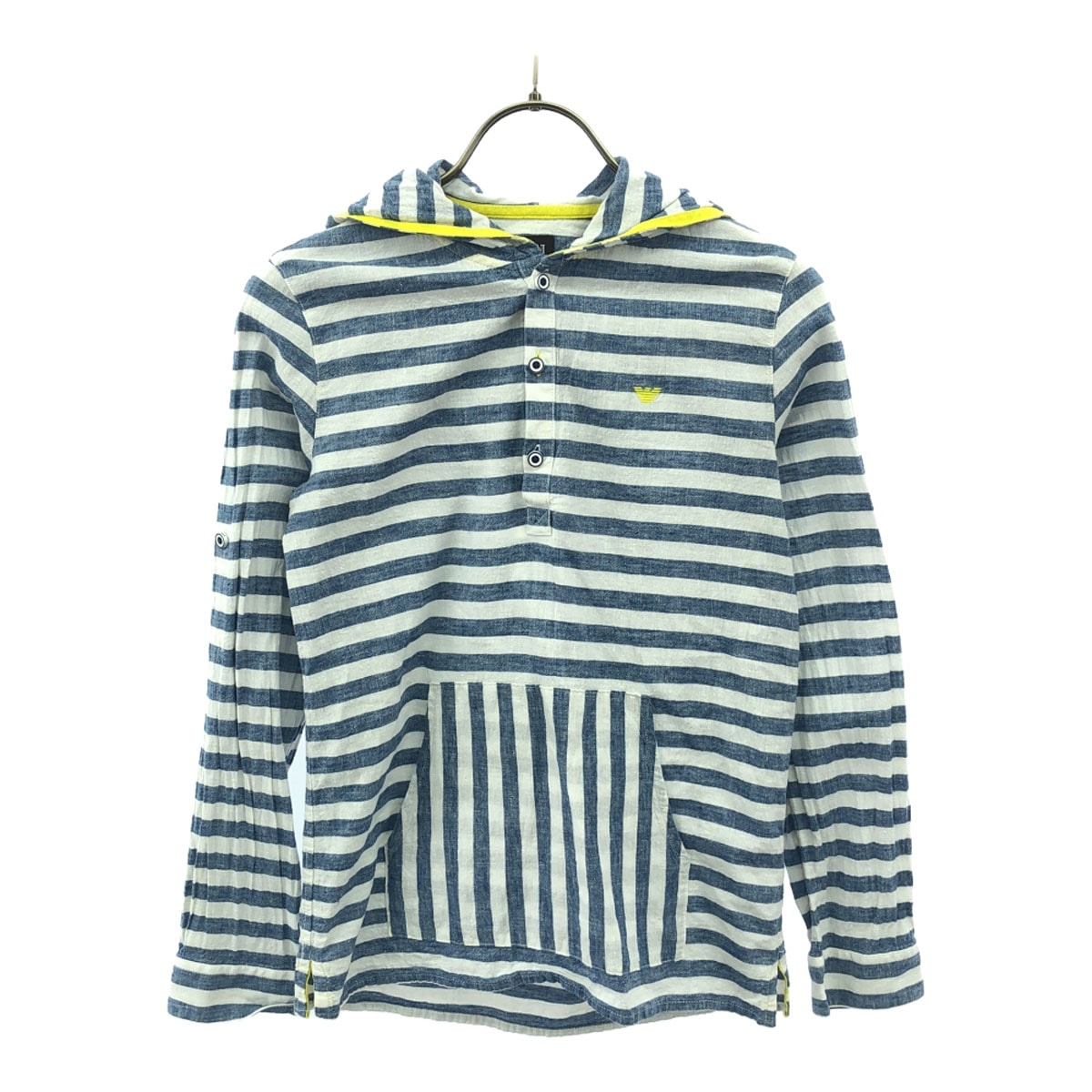 ARMANI JUNIOR アルマーニジュニア ボーダー ロゴ刺繍 長袖 パーカー 10A ブルー×ホワイト