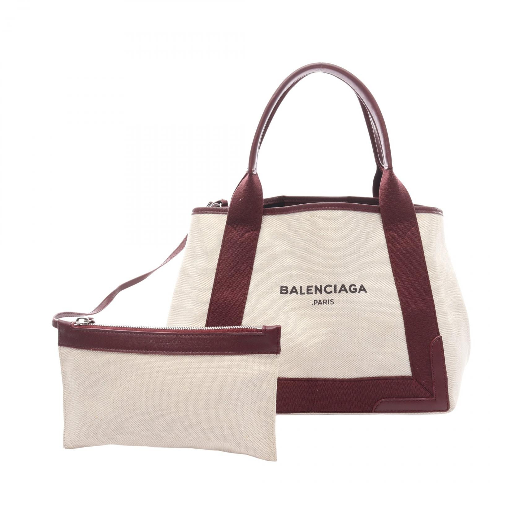 バレンシアガ BALENCIAGA NAVY CABAS S ネイビーカバ トートバッグ バッグ キャンバス レザー レディース アイボリー系 / ボルドー系 【中古】