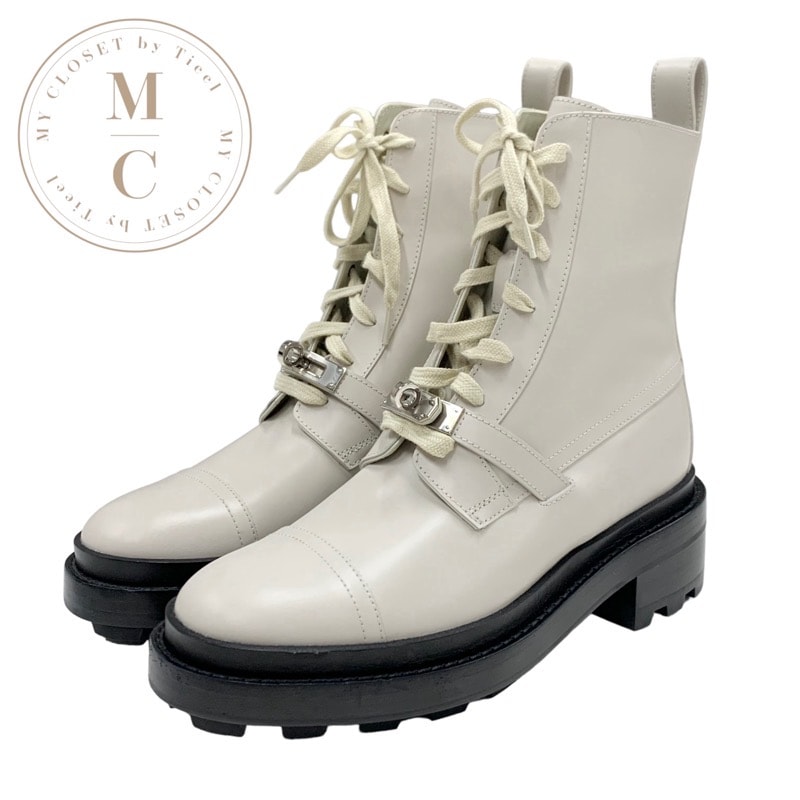 エルメス HERMES ファンク ブーツ ショートブーツ 靴 シューズ レザー ベージュ系 ケリー金具 レースアップ