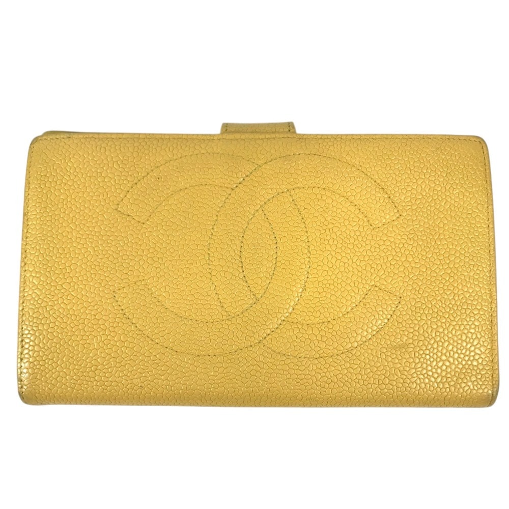 シャネル CHANEL ビッグ ロゴ CC ココマーク ロングウォレット 2つ折り 長財布 キャビアスキン イエロー