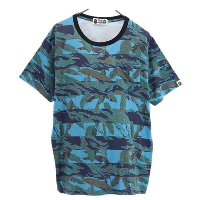 A BATHING APE アベイシングエイプ 日本製 総柄 半袖 Tシャツ L ブルー系 ポケT