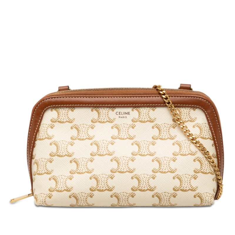 セリーヌ トリオンフ チェーンクラッチ ショルダーバッグ ホワイト ブラウン PVC レザー レディース CELINE 【中古】