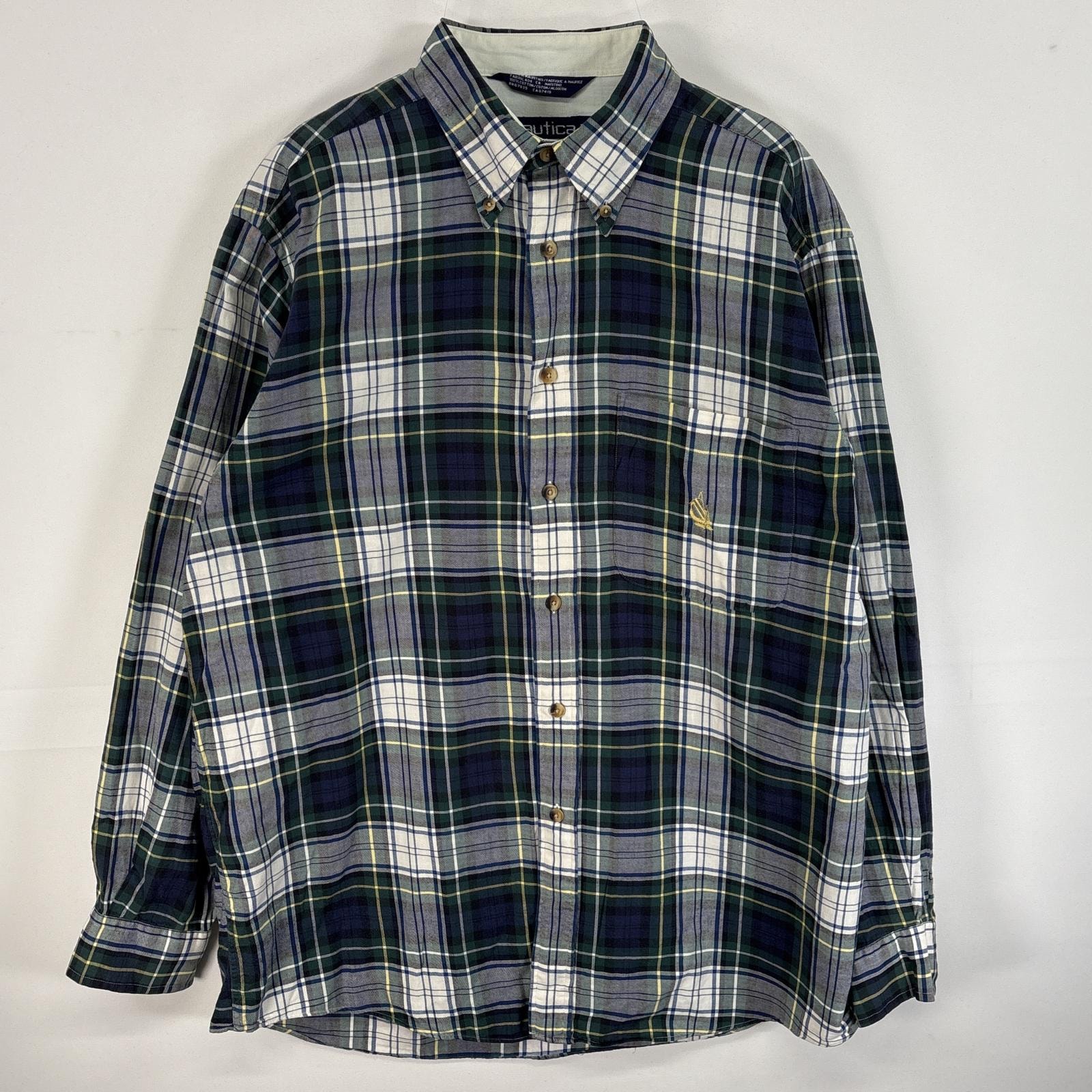 古着 90's/90年代 ノーティカ NAUTICA 長袖シャツ ボタンダウンシャツ ワンポイント ロゴ 刺繍 チェック柄 L  ネイビー系 マルチカラー メンズ
