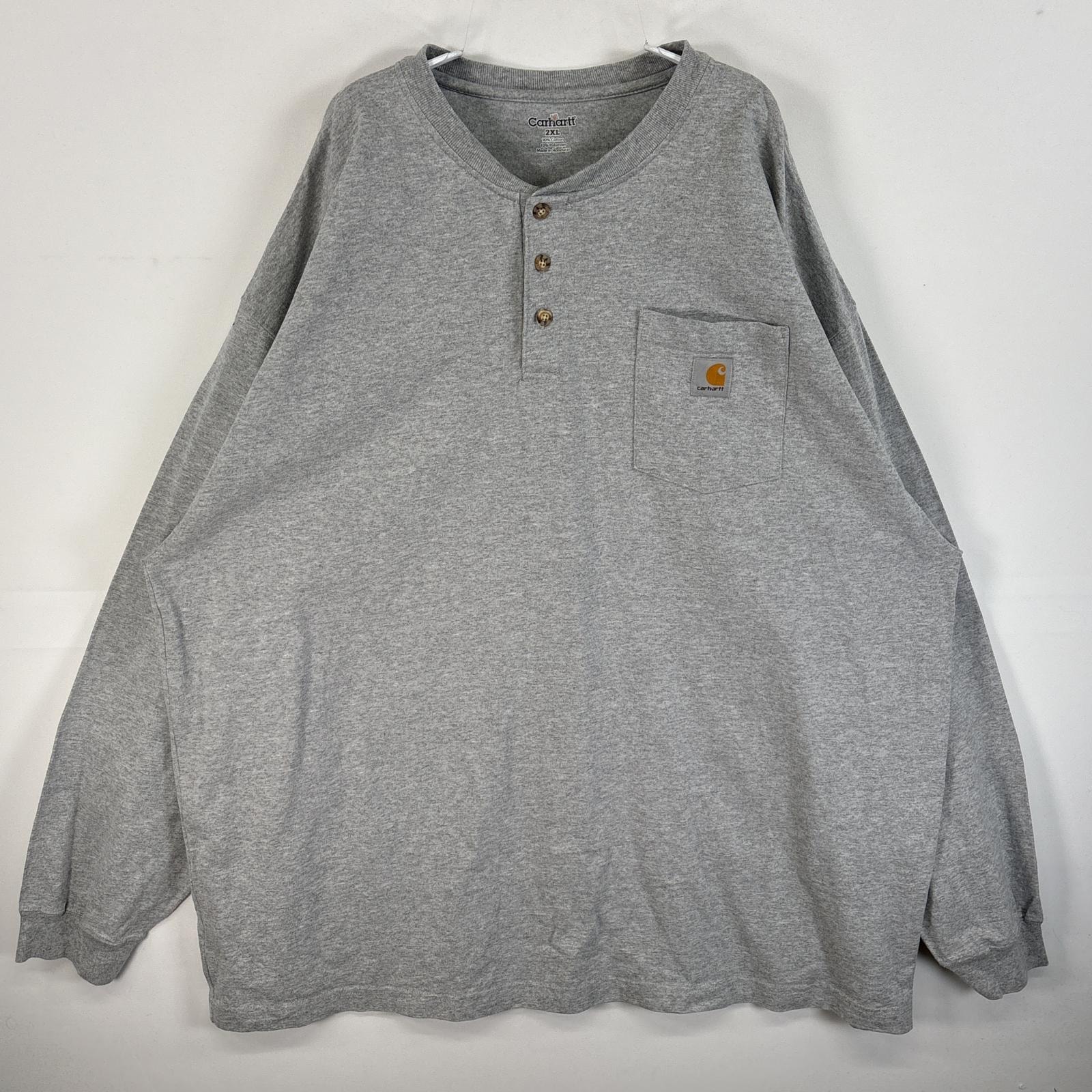 古着 カーハート Carhartt 長袖Tシャツ ヘンリーネック ワンポイント ロゴ 肉厚 大きいサイズ 2XL  グレー 無地 メンズ