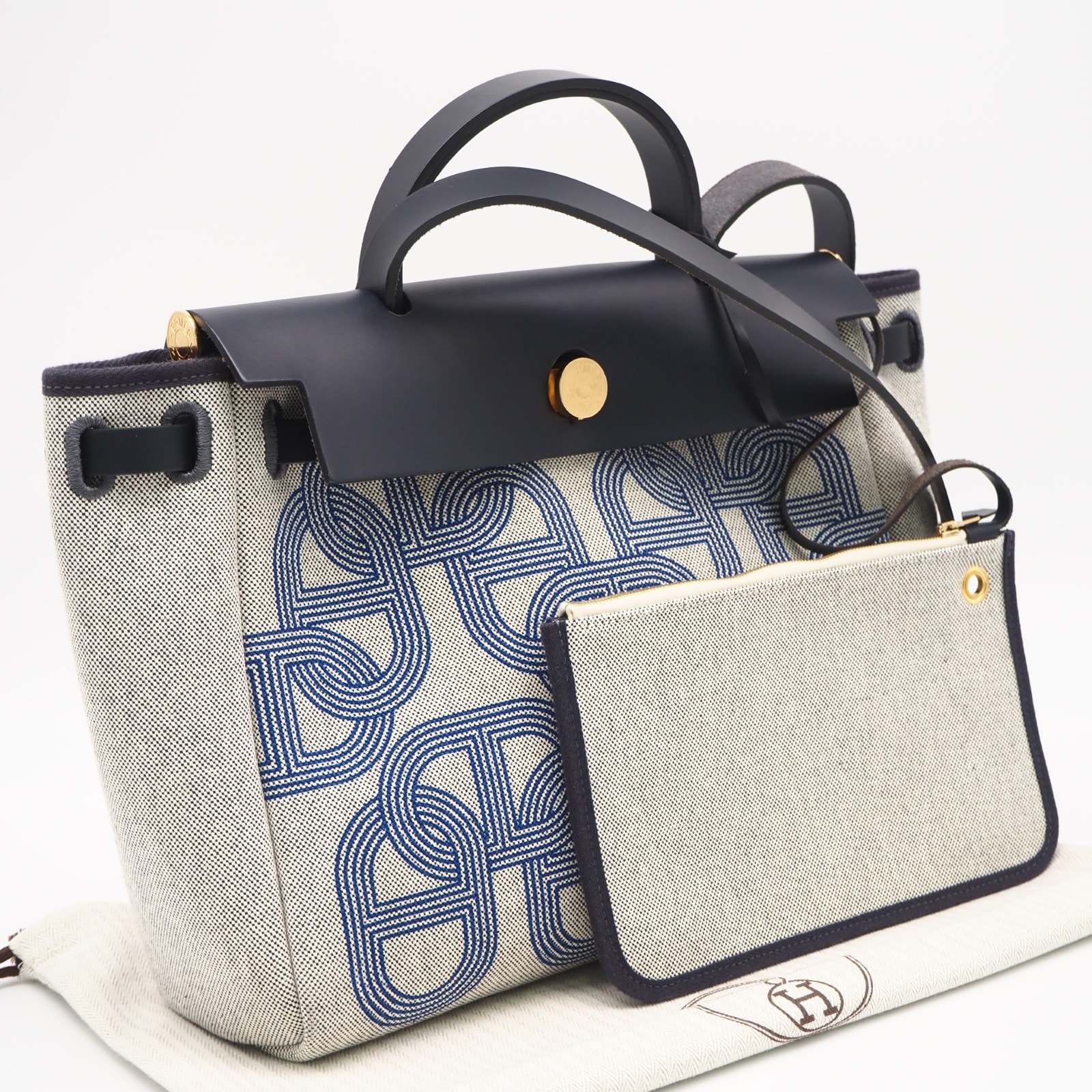 美品 HERMES エルメス トワルアッシュ ヴァッシュハンター エールバッグジップPM - 2wayハンドバッグ ネイビー アイボリー キャンバス レザー レディース