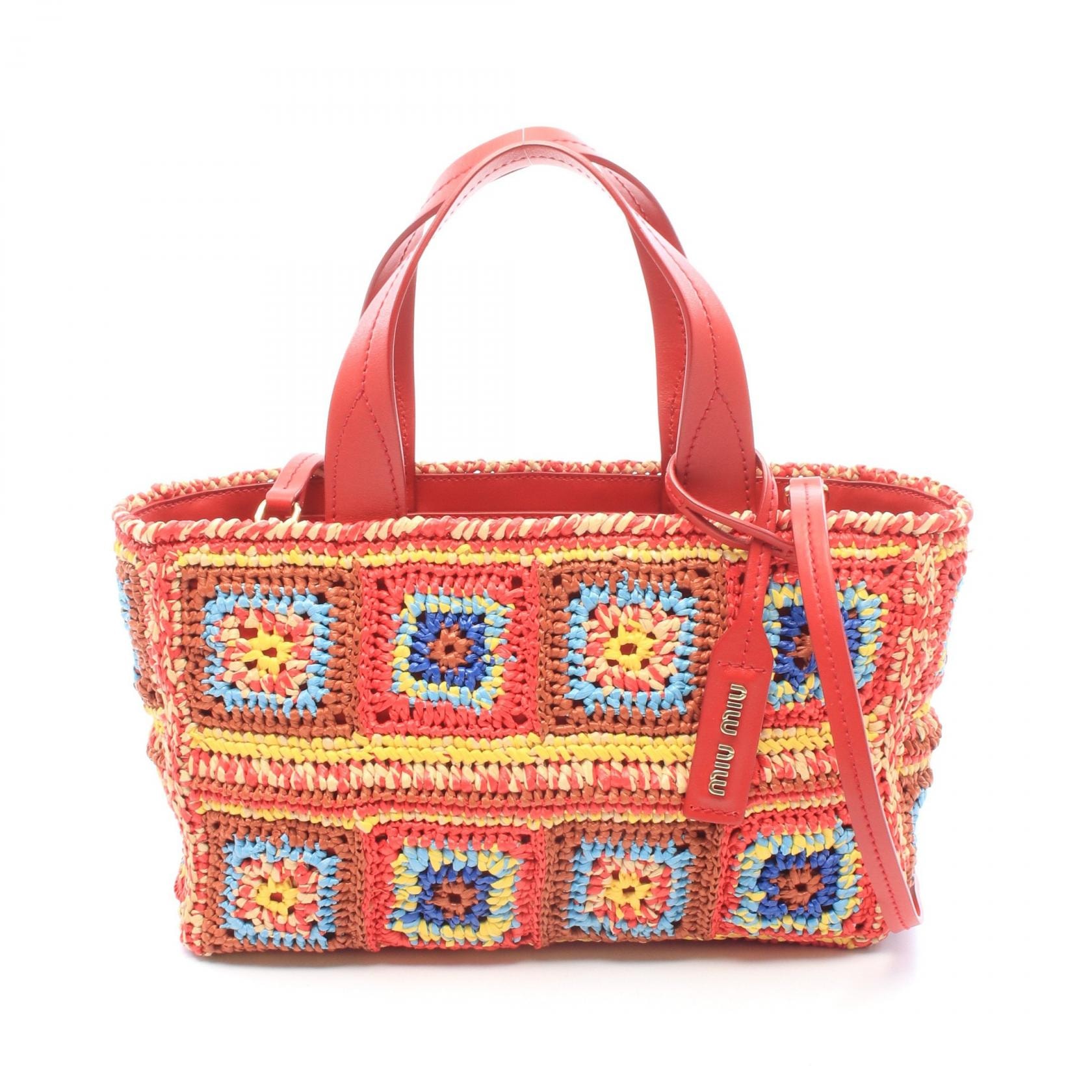 ミュウ ミュウ Miu Miu RAFIA CROCHET パッチワーク 2WAY ハンドバッグ バッグ レザー ラフィア レディース レッド系 / マルチカラー 5BA183 【中古】
