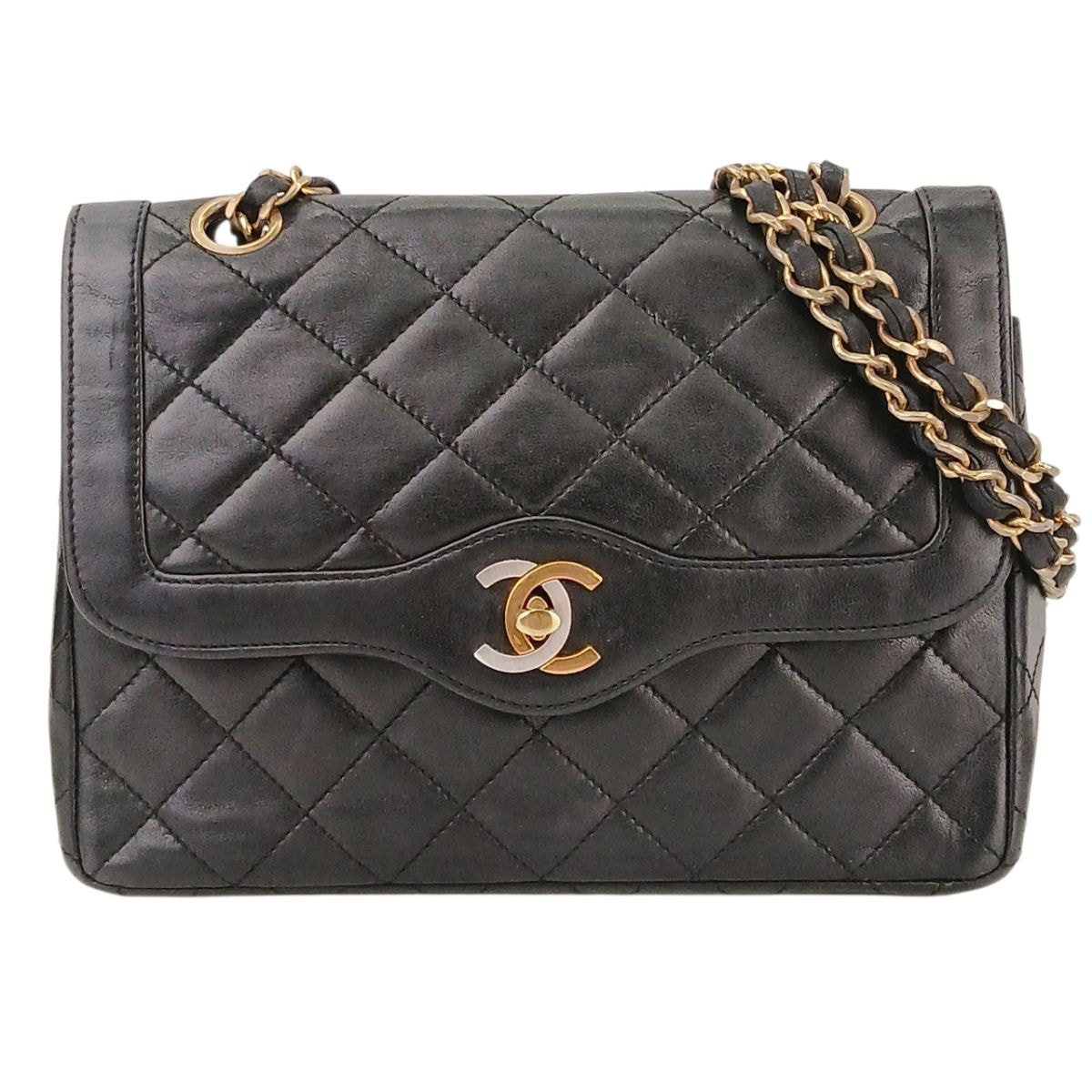 CHANEL シャネル Wフラップ マトラッセ パリ限定 チェーンショルダー ショルダーバッグ ラムスキン ブラック レディース【中古】