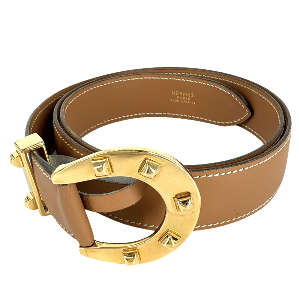 HERMES エルメス ベルト ホースシュー 馬蹄 ファッションアイテム 85サイズ 小物 〇W レザー    ブラウン 茶 ゴールド金具 レディース 1993年【中古品】