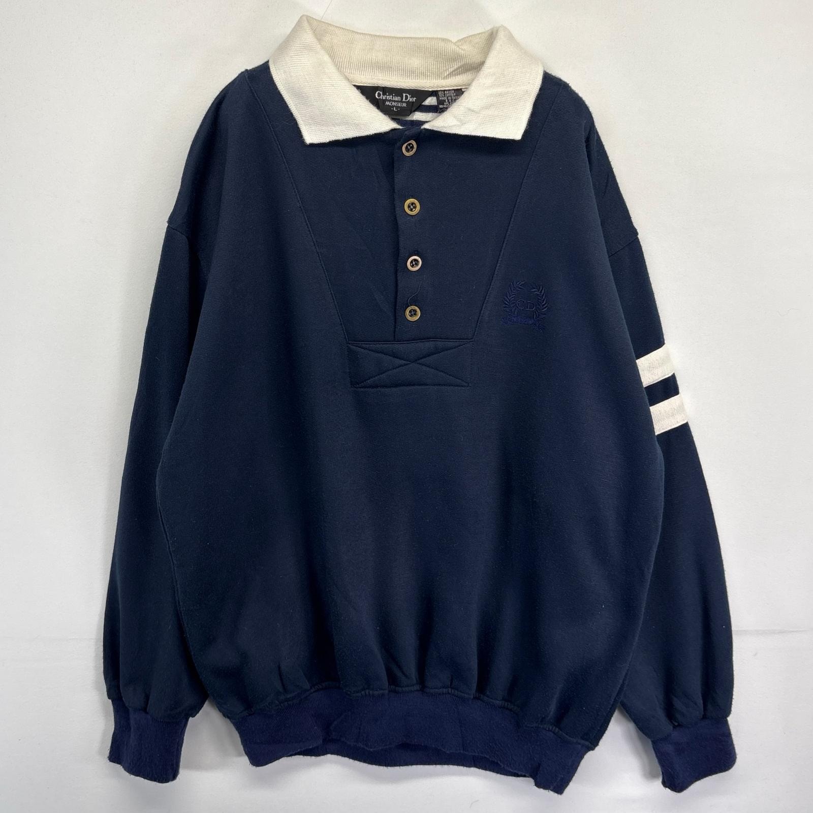 古着 90's/90年代 クリスチャンディオール Christian Dior スウェット オールド ハーフボタン トレーナー ワンポイント L  ネイビー メンズ