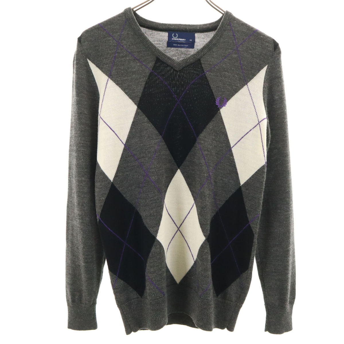 FRED PERRY フレッドペリー アーガイル柄 長袖 Vネック ニット XS チャコールグレー セーター