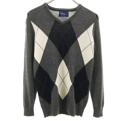 FRED PERRY フレッドペリー アーガイル柄 長袖 Vネック ニット XS チャコールグレー セーター