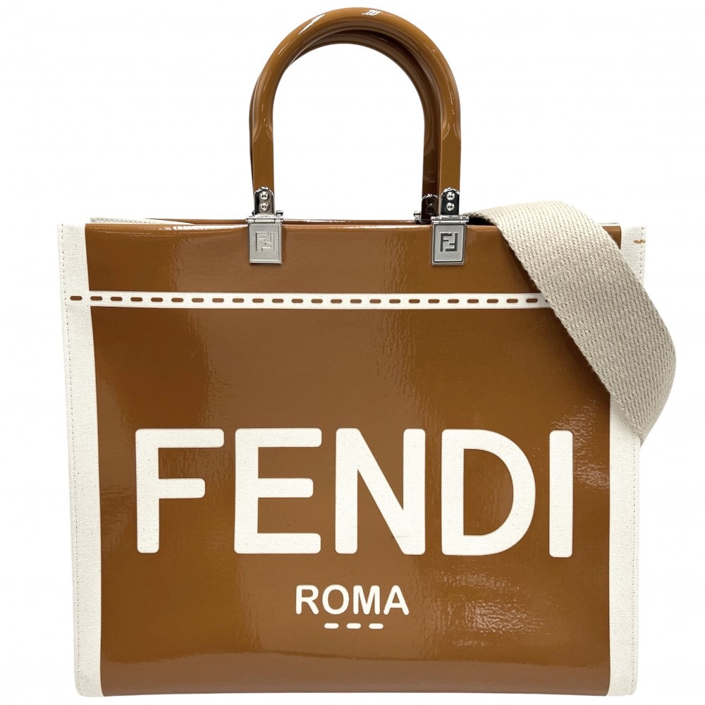 FENDI フェンディ 2WAY サンシャインミディアムショッパー ハンドバッグ トートバッグ 肩掛け ショルダーバッグ 8BH386 キャンバス  パテントレザー   ブラウン 茶 アイボリー シルバー金具 レディース【中古品】