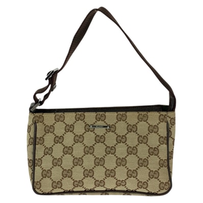 美品 GUCCI グッチ ベージュ ブラウン シルバー金具 GGキャンバス ハンドバッグ アクセサリーポーチ 600084 【中古】