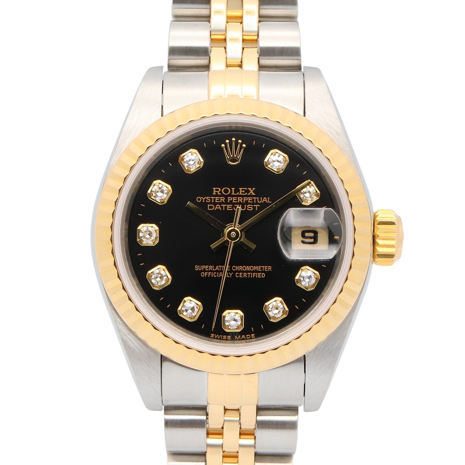 ロレックス ROLEX デイトジャスト 10Pダイヤ K番 腕時計 時計 K18(イエローゴールド) ステンレススチール ダイヤモンド レディース ブラック系 新ダイヤ 79173G 【中古】