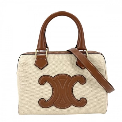 CELINE セリーヌ 2WAY トリオンフ キュイルスモール ミニボストン ショルダーバッグ 肩掛け 斜め掛け 197582EFL.02NT キャンバス レザー ベージュ ブラウン 茶 ゴールド金具 レディース【中古品】