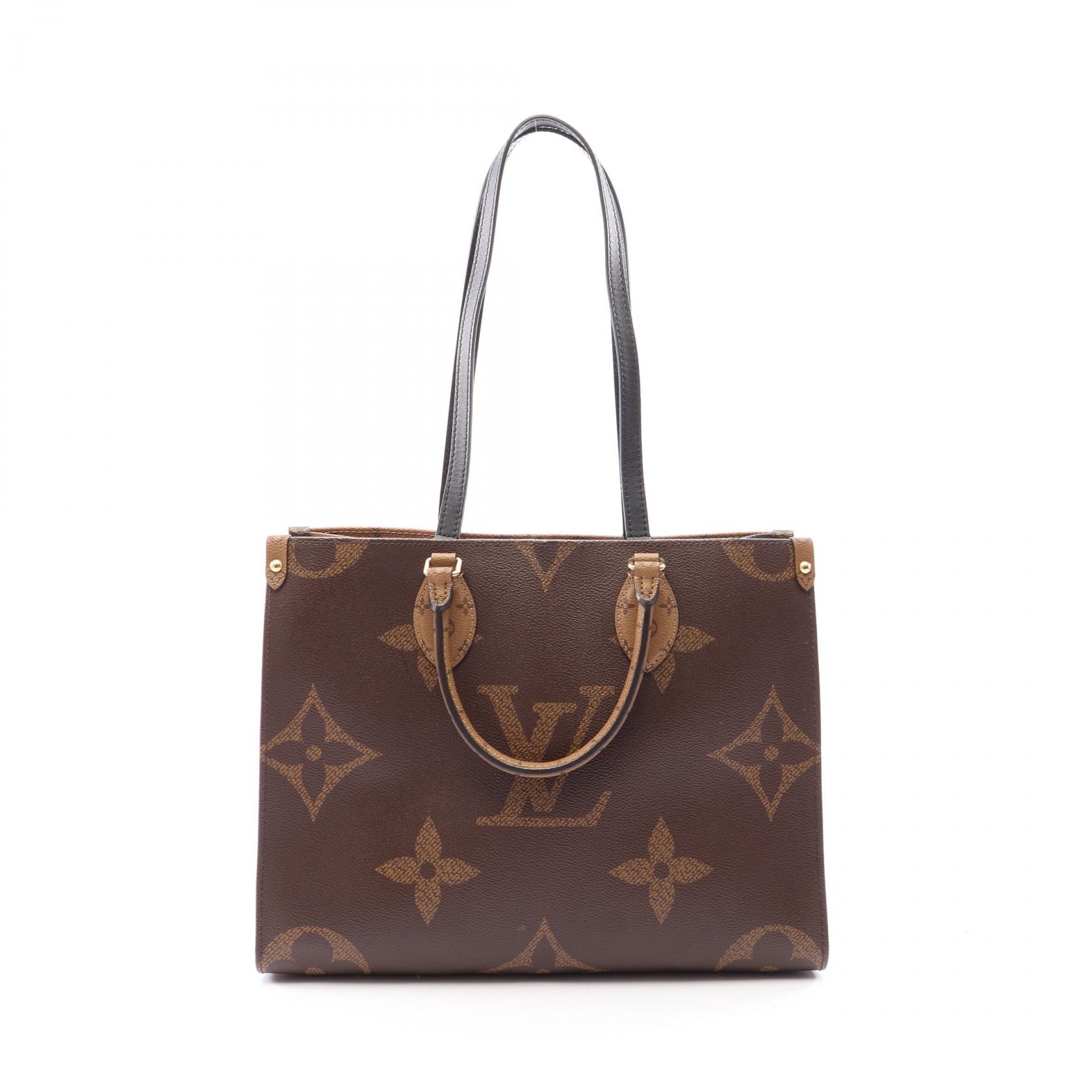 ルイ・ヴィトン LOUIS VUITTON オンザゴーMM トートバッグ バッグ PVCコーティングキャンバス レザー モノグラム・ジャイアントリバース ベージュ レディース ブラウン系 / ベージュ系 M45321 【中古】