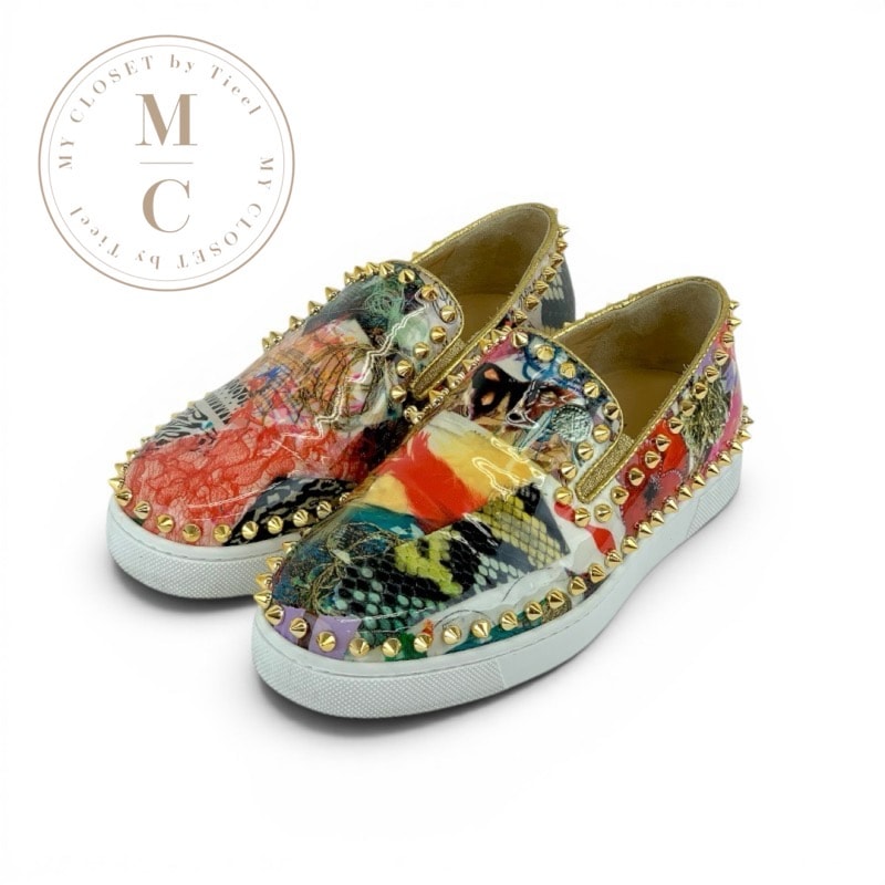 クリスチャンルブタン Christian Louboutin ピックボート スニーカー 靴 シューズ パテント マルチカラー ゴールド スリッポン スパイク スタッズ プリント