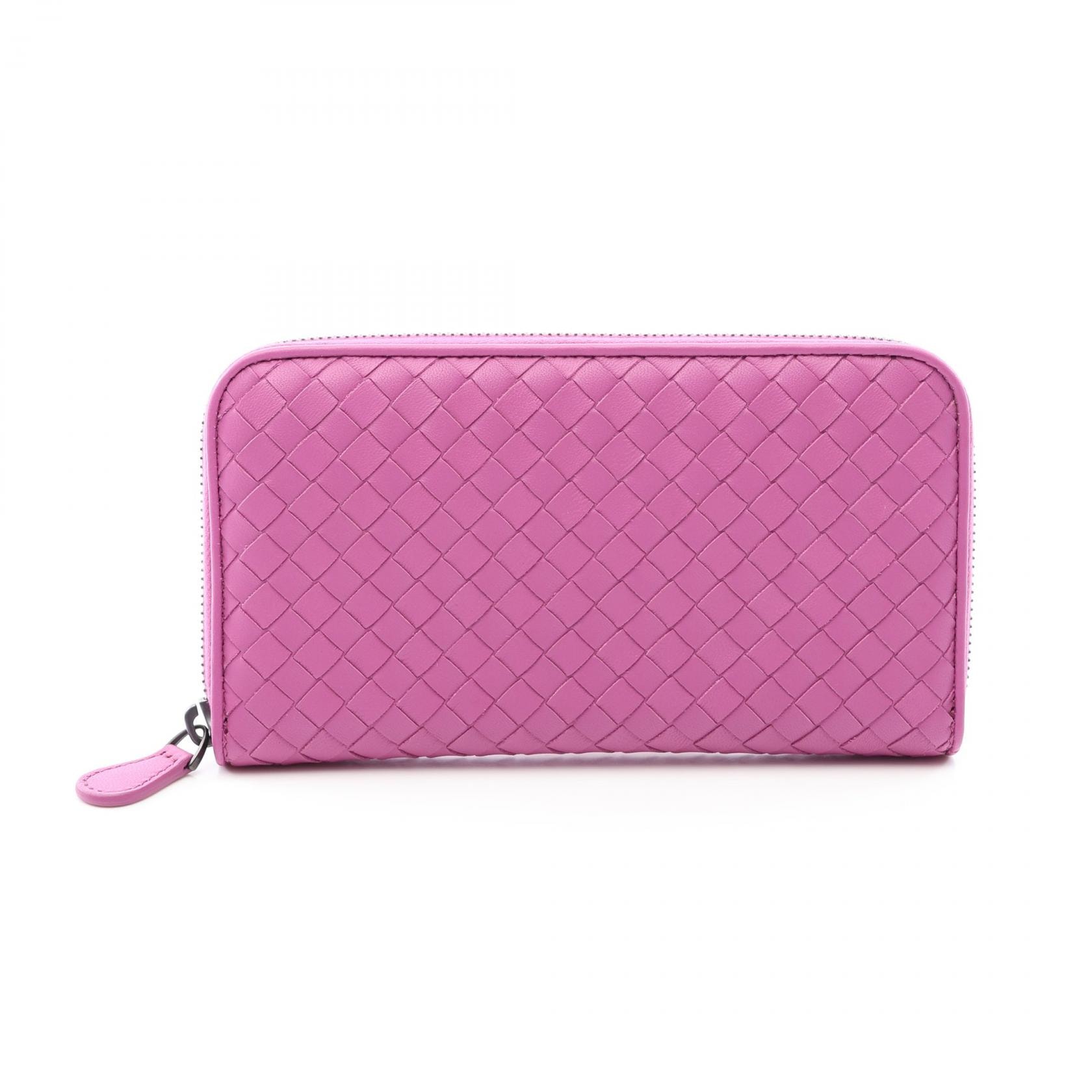 ボッテガヴェネタ BOTTEGA VENETA イントレチャート ラウンド長財布 財布 レザー レディース パープル系 【中古】