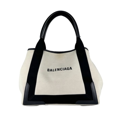 バレンシアガ BALENCIAGA ハンドバッグ ネイビーカバスS キャンバス/レザー アイボリー/ブラック レディース 339933【中古】 z10764