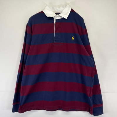 古着 ポロ・ラルフローレン POLO RALPH LAUREN 長袖シャツ ラガーシャツ ワンポイントロゴ レッド L ネイビー系 ボーダー メンズ