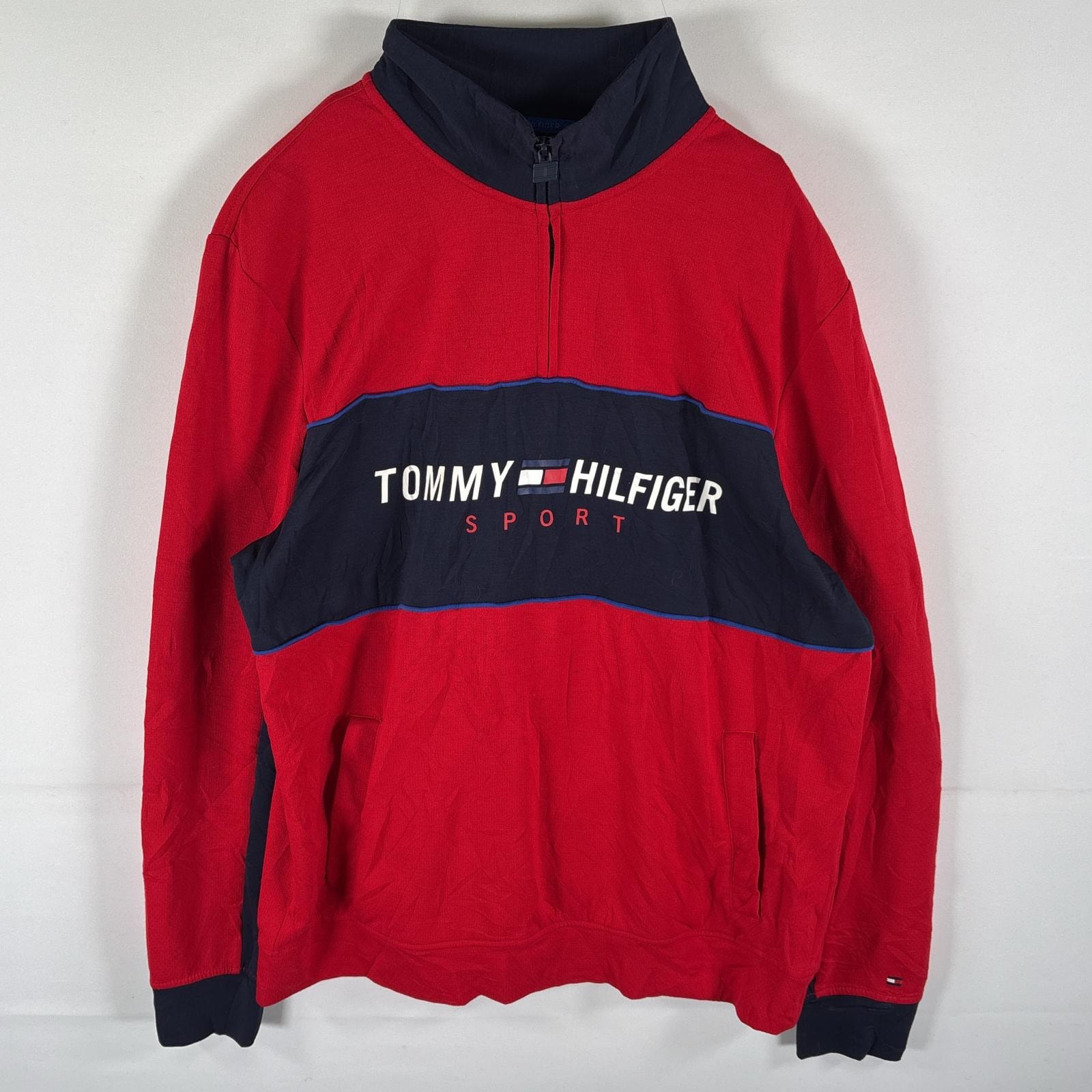 古着 トミーヒルフィガー TOMMY HILFIGER トラックジャケット ハーフジップ メッシュ ロンT トレーナー ロゴプリント L レッド メンズ