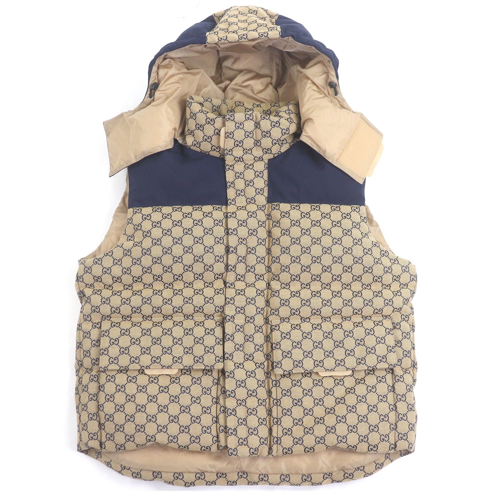 極美品 グッチ ダウンベスト ネイビー ベージュ メンズ 46 740586