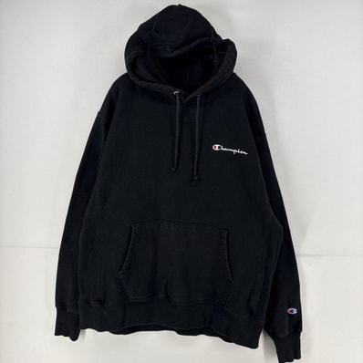 古着 チャンピオン Champion パーカー プルオーバー リバースウィーブ 大きいサイズ ワンポイント スウェット XL ブラック 無地 メンズ