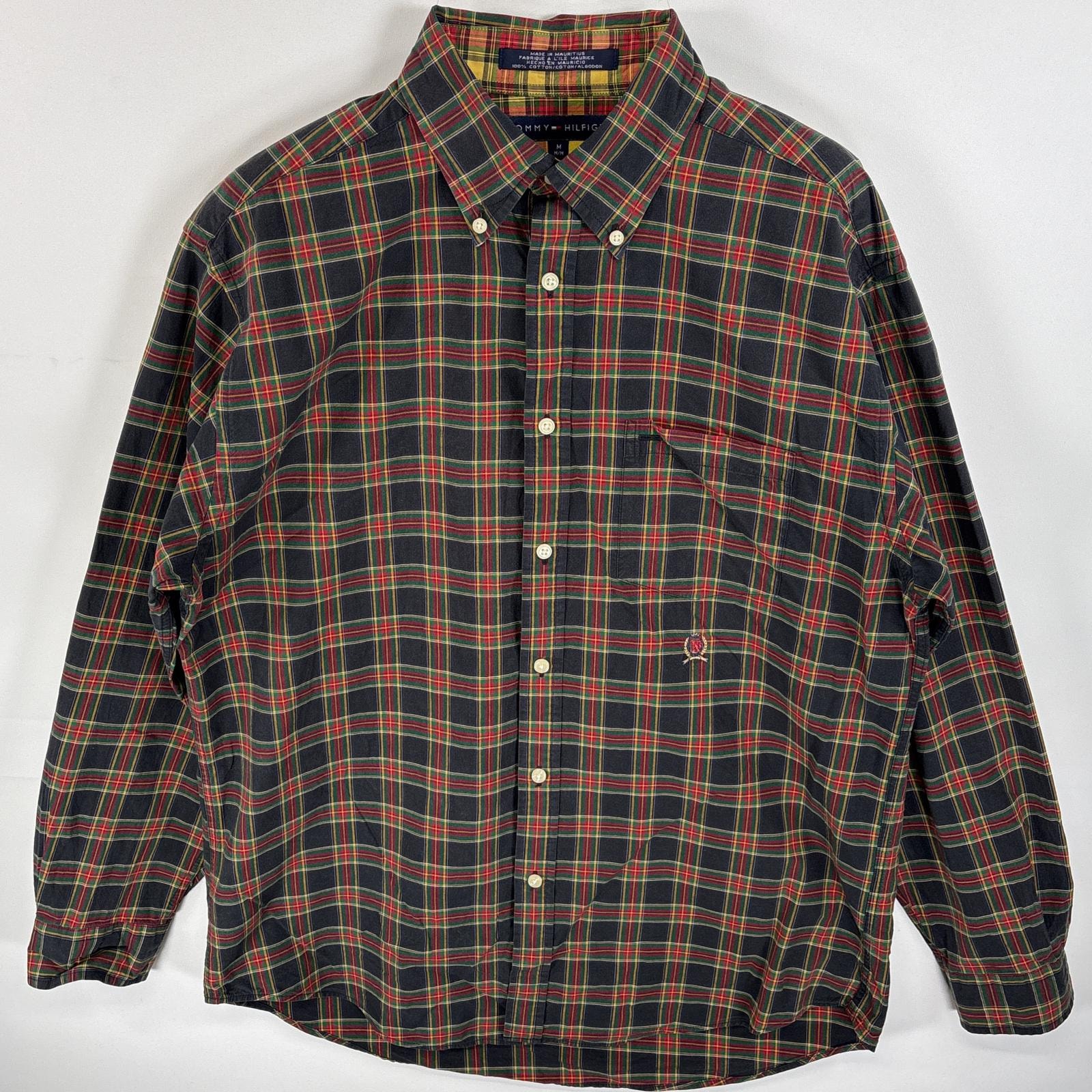 古着 トミーヒルフィガー TOMMY HILFIGER 長袖シャツ ボタンダウンシャツ ワンポイント 刺繍 ロゴ 胸ポケ M  ブラック系 チェック メンズ