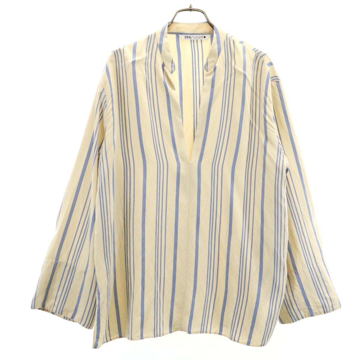 ZARA ザラ ストライプ柄 長袖 スキッパーカラー ブラウス L クリーム色 プルオーバー