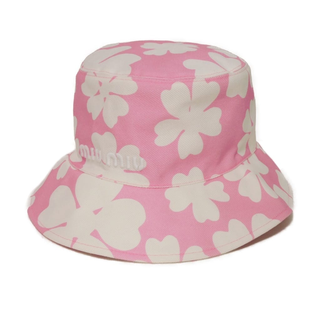MIUMIU ミュウミュウ フローラ バケット ハット フラワー 花柄 ホワイト M 58cm RFID ICチップ 美品 ロゴ 刺繡 コットン ピンク 帽子 5HC196 2F5J F00DQ
