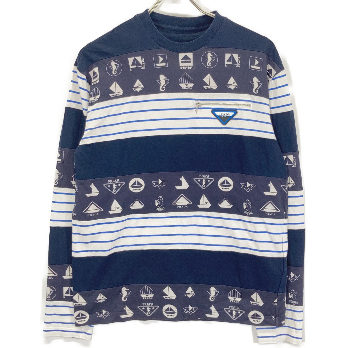 プラダ UJL060 18年 ﾈｲﾋﾞｰ ﾏﾘﾝﾃﾞｻﾞｲﾝ ﾄﾗｲｱﾝｸﾞﾙﾛｺﾞﾎﾟｹｯﾄ ｼﾞｬｰｼﾞｰ長袖ｶｯﾄｿｰ XS