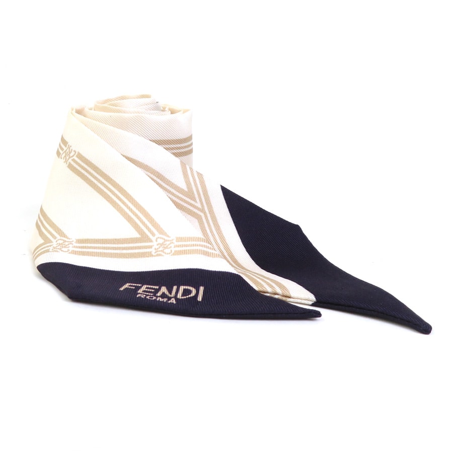 フェンディ FENDI スカーフ ツイリー シルク ベージュ/ネイビー レディース【中古】 r11479a