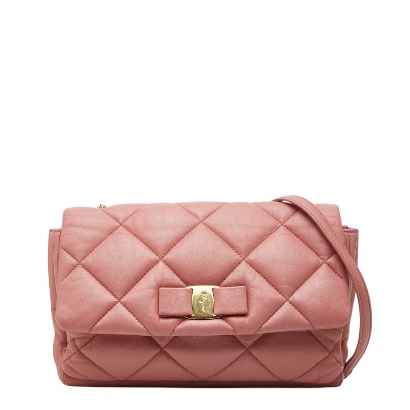 サルヴァトーレフェラガモ ヴァラリボン 斜め掛け チェーン ショルダーバッグ ピンク レザー レディース Salvatore Ferragamo 【中古】