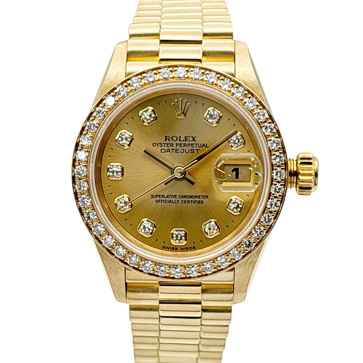 ROLEX ロレックス デイトジャスト 10P ベゼルダイヤモンド シャンパン文字盤 W番 腕時計 69138G イエローゴールド ゴールド レディース【中古】